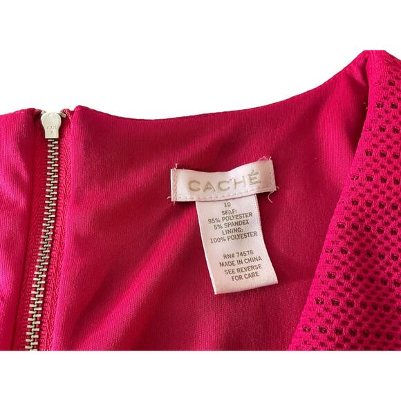 Caché Women's 10 Pink Textured Mesh Dress V Neck Cap Sleeve Fitted Mermaid Hem - Picture 3 of 12